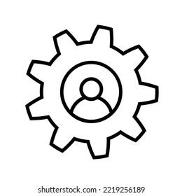 Man and cog line icon in flat style. Process flat symbol isolated on white. Man and gear thin line sign. Abstract simple process icon in black. Vector illustration for graphic design, Web, UI, app.