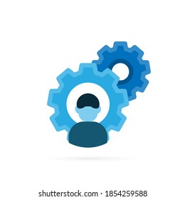 Man and cog wheel gear icon pictogram. Businessman symbol on white background. Vector illustration.