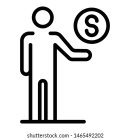 Man and coin icon. Outline man and coin vector icon for web design isolated on white background