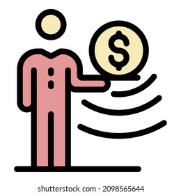Man with a coin on a tray icon. Outline man with a coin on a tray vector icon color flat isolated
