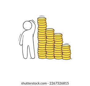 Mann mit Münzstapeln. Konzept der Kostenrechnung, Kursänderungen, Geldverlust, Vektorgrafik-Illustration