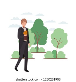 man with coins with dollar symbol in landscape