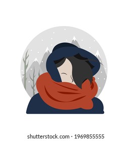 Man in cold coat in winter, mountains in the background and snowing , vector art illustration