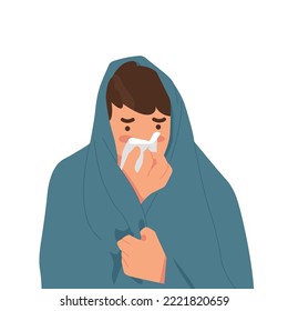 Man with cold or the flu in blanket blowing his nose. Allergy. Flat vector illustration.