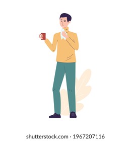 Hombre con una taza fría o gripal conteniendo bebida caliente y tejido, ilustración vectorial plana aislada sobre fondo blanco. Enfermedad por gripe o virus.