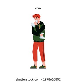 Man with cold or flu virus symptoms blowing his nose on tissue - sick and sad cartoon person standing holding napkins for runny nose. Isolated vector illustration.