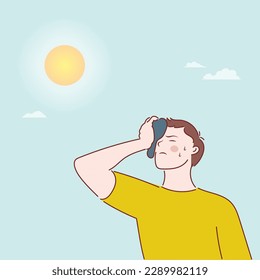 Man with cold pack suffering from heat stroke outdoor, Hand drawn style vector.