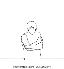 man is cold and shivering - one line drawing vector. concept lonely, freezing person