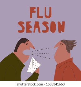 A man with a cold spreads the infection by coughing and sneezing. Sneezing man makes his colleague sick. Viral and bacterial infections. Health care concept. Cold and flu season.Flat vector.