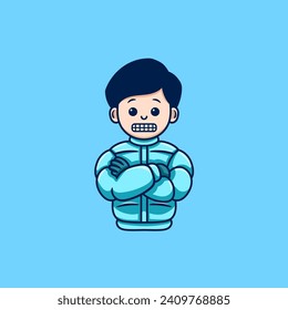 Man is cold, winter, jacket wearing cartoon