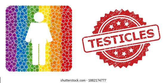 Man collage icon of spheric elements in various sizes and spectrum color tones, and Testicles corroded rosette seal. A dotted LGBT-colored Man for lesbians, gays, transgenders, and bisexuals.