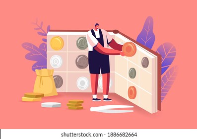 Man Collect Ancient Coins, Numismatist Hobby or Profession, Numismatics Concept. Tiny Male Character at Huge Album Organizer with Coins Collection, Tweezers and Money Sack. Cartoon Vector Illustration