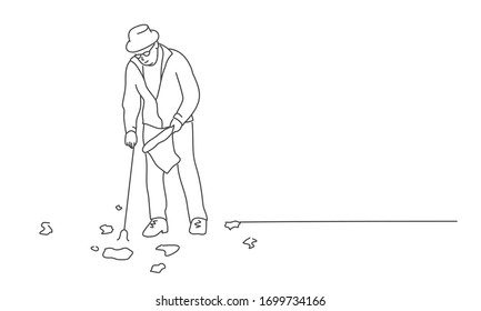 Man collect garbage. Volunteers. Line drawing vector illustration.