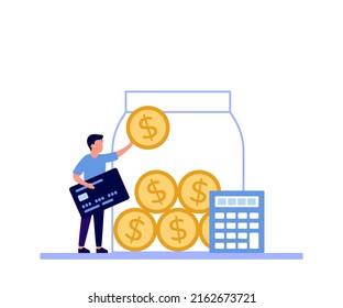 Man collect money salary into huge glass jar for save coin and make profit. Golden coins for savings, save in account, invest. Finance budget economy. Vector illustration