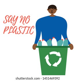 The man collected a container of plastic bottles for recycling. Waste reduction. Vector editable file eps 10