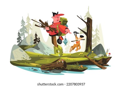 Man collecting brushwood for campfire with dog vector illustration. Guy holding firewood for kindling bonfire flat concept. Wild nature and active leisure