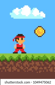 Man collecting coins, 2d game, pixel illustration, white cloud, vector image with ground and grass, blue sky, pixel man in red clothing, money icon