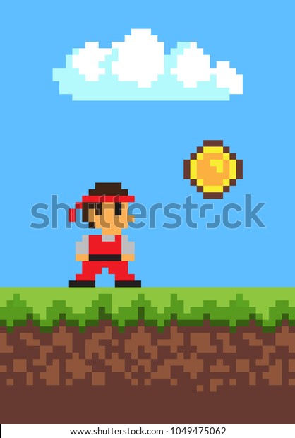 コインを集める人 2dゲーム ピクセルイラスト 白い雲 地面 と草のあるベクター画像 青い空 赤い服を着たピクセルマン お金のアイコン のベクター画像素材 ロイヤリティフリー