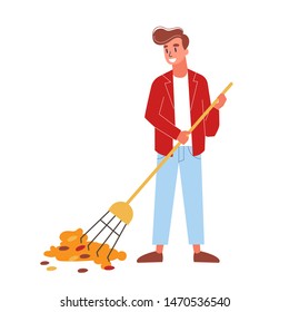 Man collecting dry leaves in autumn. Male cleaner character sweeping trash from the street. Isolated vector illustration in cartoon style