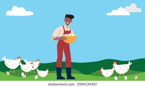 Man collecting eggs amidst chickens on a sunny farm day, exemplifying sustainable poultry farming.

