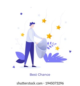 Man collecting falling stars in bag. Concept of best chance, good luck or fortune, business success, dreaming or daydreaming, stargazing or astrology. Modern flat vector illustration for poster.