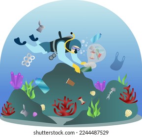 man collecting garbage, plastic, and bottle under the sea, Scuba diver cleaning sea ocean water from trash vector illustration, cleaning sea diving concept, Pollution of Sea, Ocean