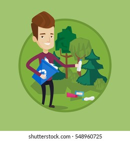 Man collecting garbage in recycle bin. Man with recycling bin in hand picking up used plastic bottles. Waste recycling concept. Vector flat design illustration in the circle isolated on background.