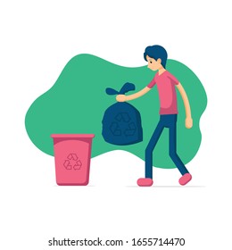 Man collecting garbage. Recycling concept. Cartoon vector illustration. Happy boy collecting garbage. Ecological illustration in trendy flat style.
