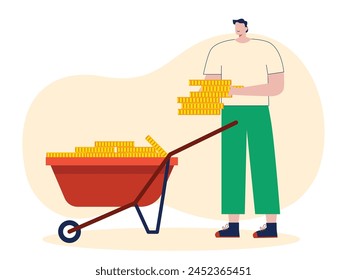 A man is collecting a lot of his crypto coins in the barrow. Character design. Vector flat illustration