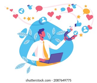 Man collecting likes with magnet illustration, Attraction magnet vector, Male character is holding magnet to collect like, Social media concept. Feedback and followers in Internet