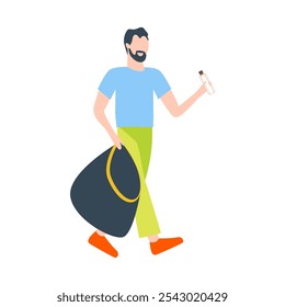 Homem recolhendo plástico em saco de lixo em design plano. Limpeza de rua. Ilustração vetorial isolada.