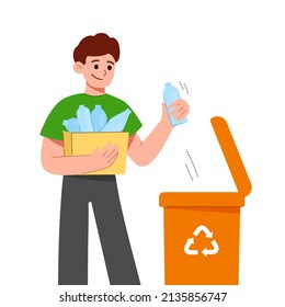 Man collecting plastic trash into recycling garbage bin. Character sorting the garbage. Plastic pollution problem concept. Flat cartoon vector illustration.
