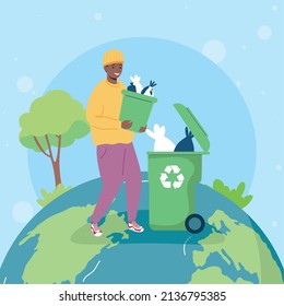 man collecting plastic trash in the world