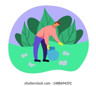 Man Collecting Trash into Bags in forest. Pollution of forest with Different Kinds of Garbage. Volunteer Clean Up Wastes on forest edge. Ecology Protection Concept Cartoon Flat Vector Illustration