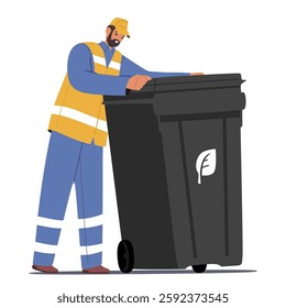 Man collector character pushing container with organic waste engaged in city clean job occupation vector illustration. Professional janitors in uniform with dustbin isolated on white background