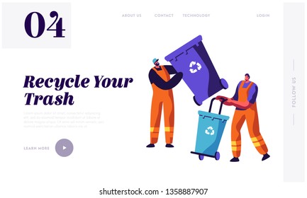 Man Collector Cleaning Trash from Rubbish Bin Container with Recycle Sign Landing Page. Garbage Removal. Clean Dustbin to reduce Littering Website or Web Page. Flat Cartoon Vector Illustration