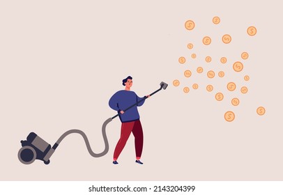 A man collects coins with a vacuum cleaner. The concept of enrichment, the opportunity to get money, financial success. Simple vector illustration.