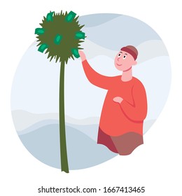 Man collects dollar banknotes from a palm tree. Side view. Color vector flat cartoon illustration. Concepts for investment business
