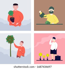 Man collects dollar banknotes from a plant. Side and front view. Color vector flat cartoon illustration. Concepts for investment business