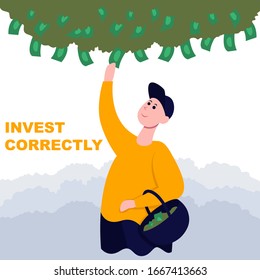 Man collects dollar banknotes. Side view. Color vector flat cartoon illustration. Concepts for investment business