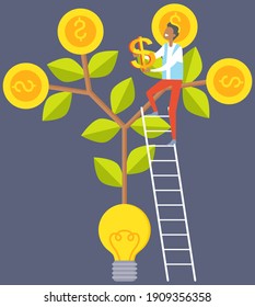Man collects dollars from money tree. Guy stands on ladder and picks off coin vector illustration. Male character grows money and currency producing plant. Tree with coins grows from light bulb