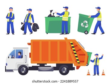 Man collects garbage bags and loads trash bins in truck, flat vector illustration isolated on white background. Set of scenes with janitor character transporting waste for recycling.