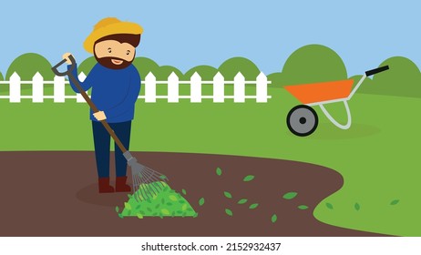 a man collects leaves with a rake, cleaning the garden