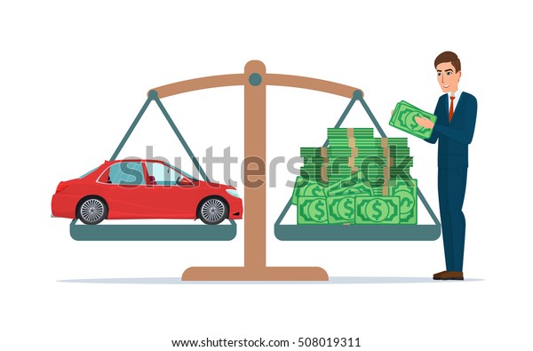 Man collects money for a car and weighs in\
the balance. Business cartoon concept. Vector illustration isolated\
on white background in flat\
style.