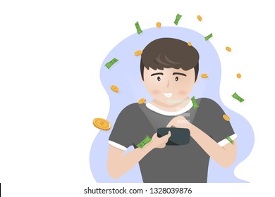 Man collects money in mobile phone, business people cartoon characters flat design, vector