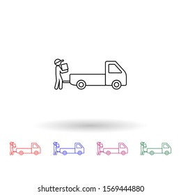 Man collects packing boxes in a pickup truck multi color icon. Simple thin line, outline vector of logistic icons for ui and ux, website or mobile application