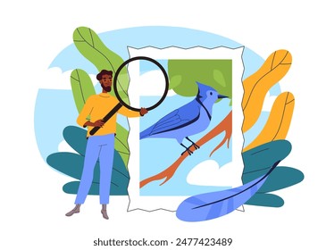 Man collects Postage Stamps. Young guy with magnifying glass near rare stamp with beautiful bird. Person Engage in Philately. Cartoon flat vector illustration isolated on white background