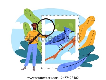 Man collects Postage Stamps. Young guy with magnifying glass near rare stamp with beautiful bird. Person Engage in Philately. Cartoon flat vector illustration isolated on white background