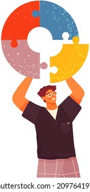 Man collects round puzzle. Cognitive development, mental mindset, creative thinking. Male character assembles pieces of puzzle into coherent whole. Psychological trick for creativity and intelligence