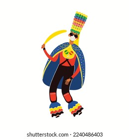 Man in Colombian carnival traditional Congo Grande dance costume, isolated on white. Hand drawn cartoon character vector illustration. Barranquilla concept, design element for poster, flyer, banner